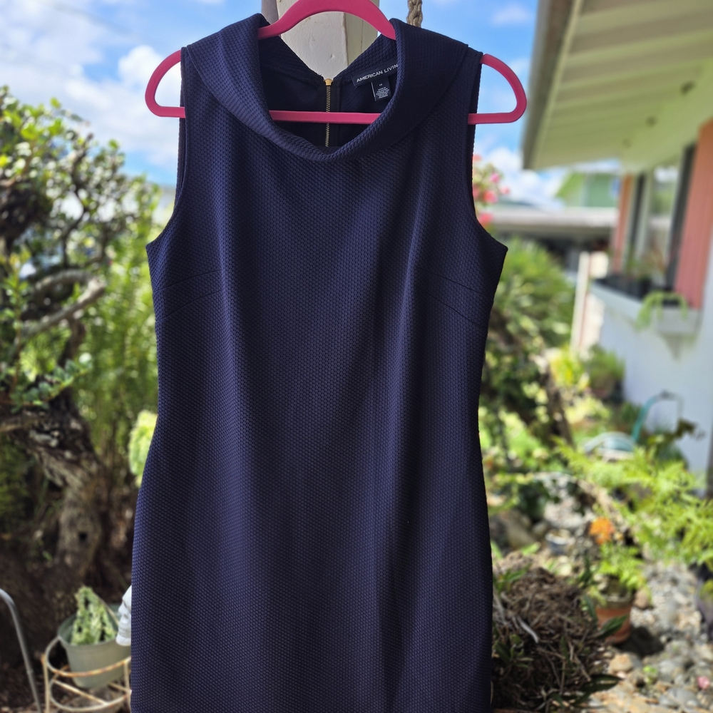 Sleeveless Navy Shift Dress with Cowl Neck